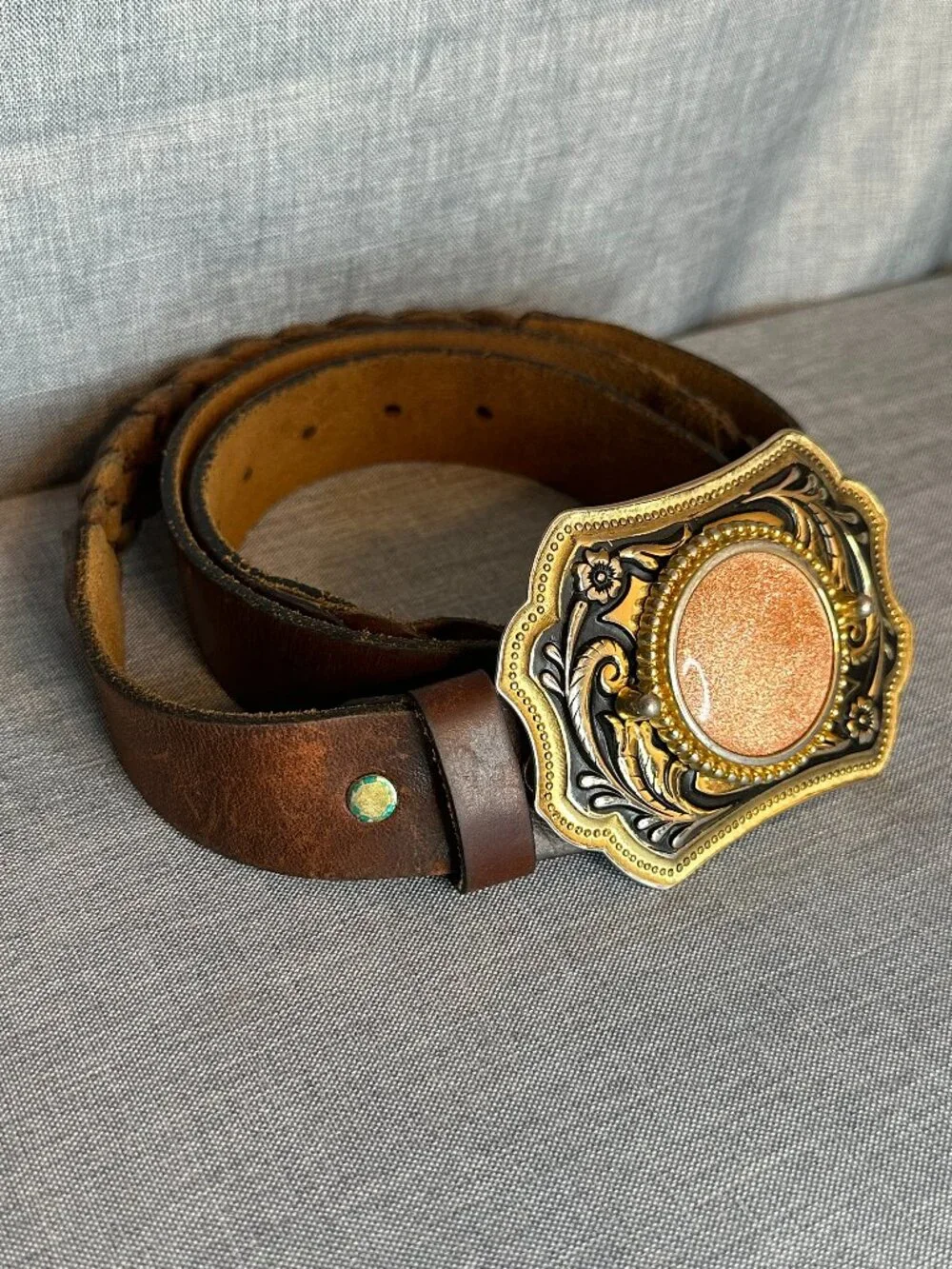 Gold stone brass Western Belt Buckle brown Leather braided cowboy rodeo 38-42